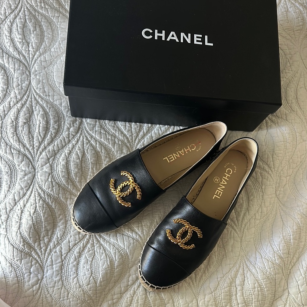 CHANEL CC Gold and Black Espadrilles